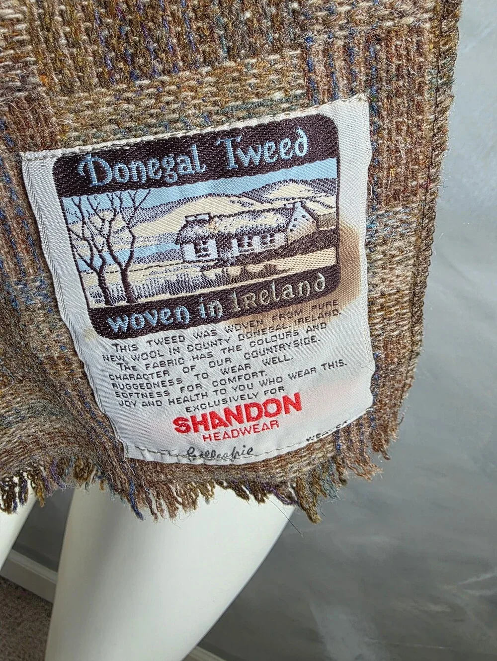 Irish Donegal Tweed Wool Scarf Shandon Headwear Briwn Tan Plaid 58'L